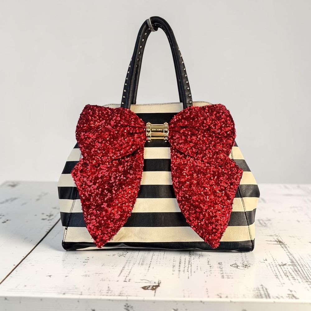 Betsey Johnson Black White Striped Satchel Red Sequin Bow Handbag Studded Handle